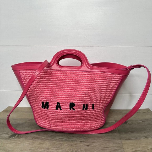 Marni Handbags - Marni Tropicalia Small Bag tote in Pink Leather Raffia purse crossbody woven New